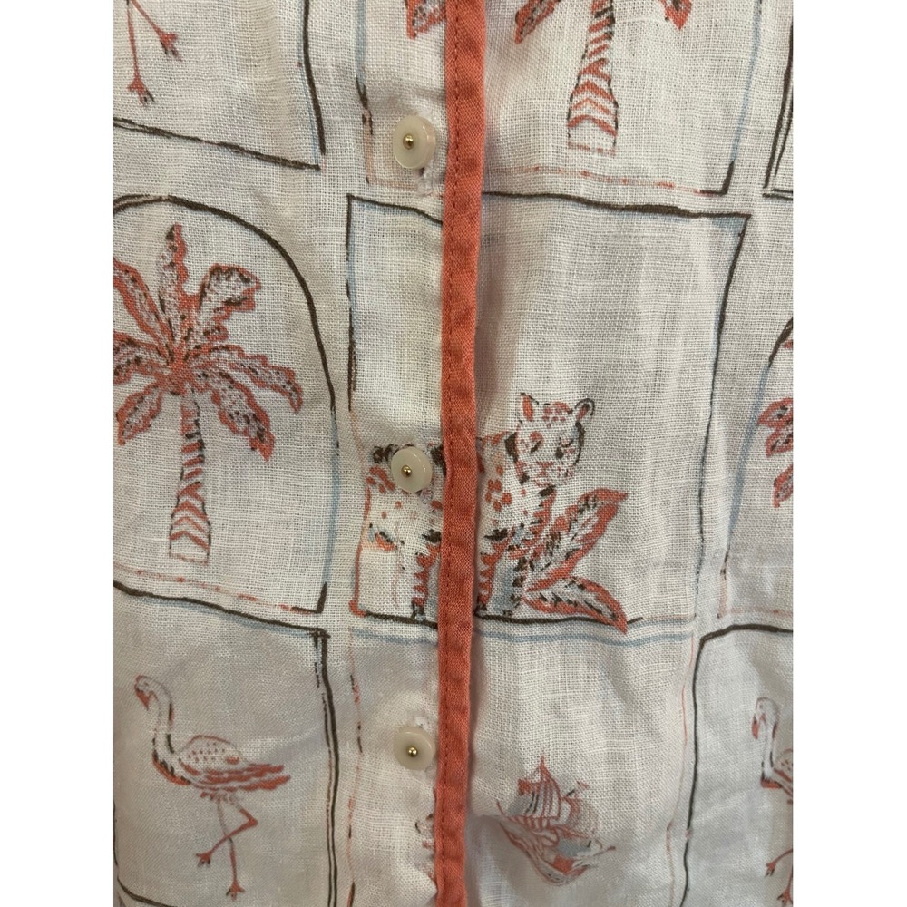 C&C California Women Lg 100% Linen Tropical Flamingo Leopard Print Shirt cream - Picture 4 of 8